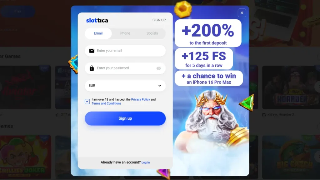 Як увійти та створити акаунт Slottica Casino