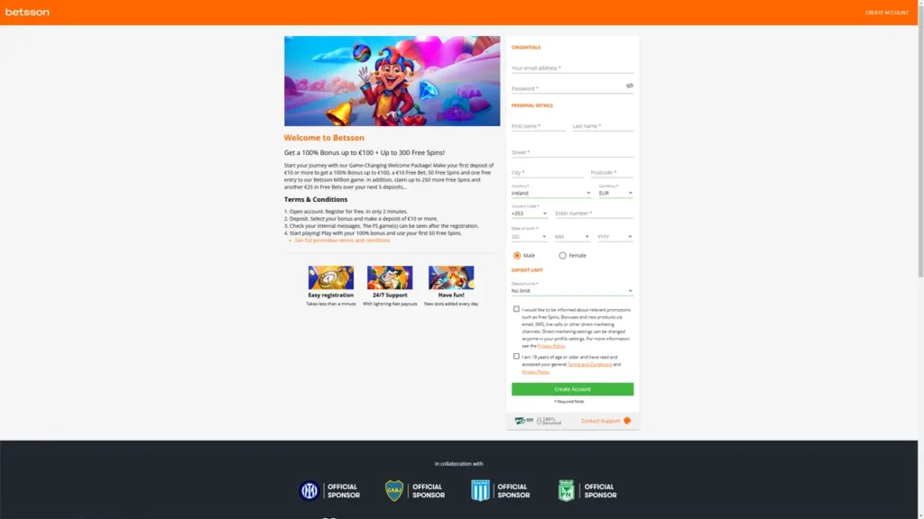 Інструкція по реєстрації Betsson